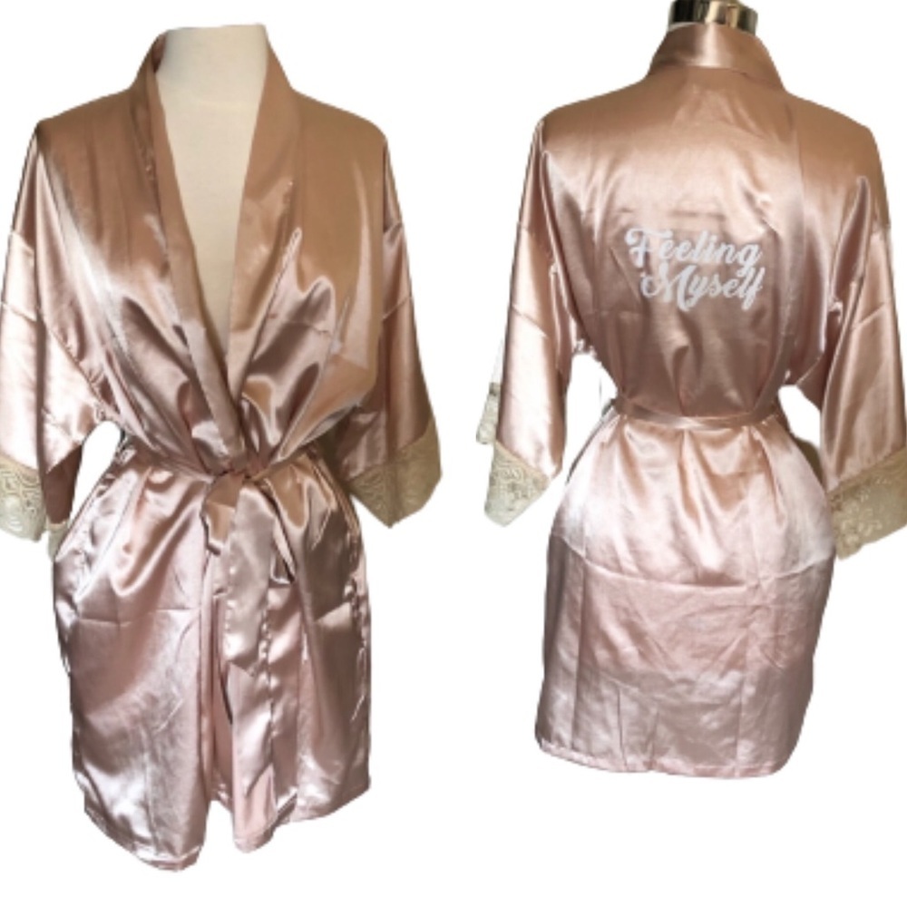Custom “feeling myself” light Blush Pink Silky Lace Short Robe Bridal bath - Picture 2 of 16
